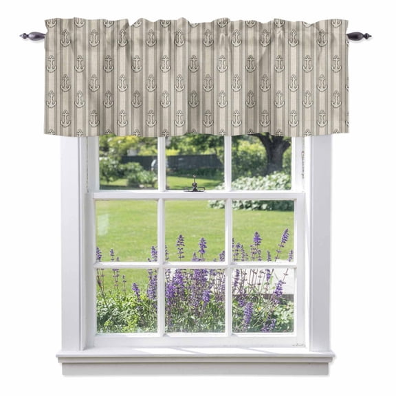 Beige Anchor Nautical Kitchen Curtain Valances for Windows Farmhouse Short Curtains, Coastal Ocean Blue Striped Rod Pocket Valance Curtain for Bedroom Cafe Living Room