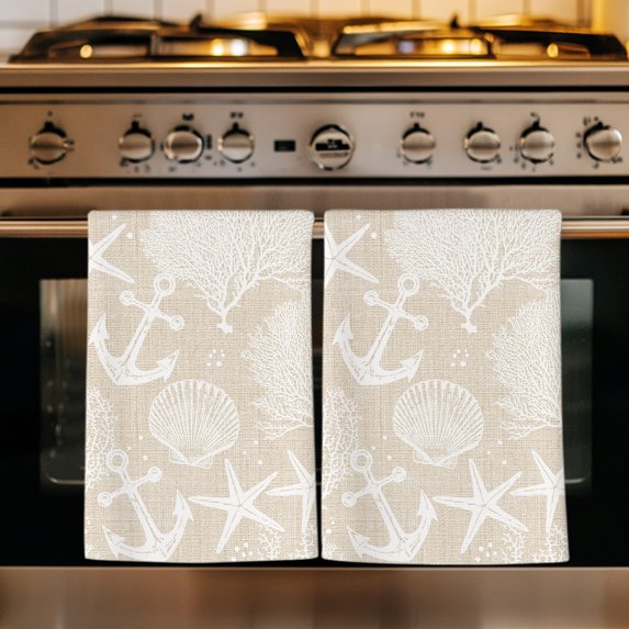 Beige Anchor Nautical Kitchen Towels Set of 4, Coastal Beach Coral Starfish Absorbent Dish Towels for Kitchen, Microfiber Hand Towel, Quick Drying Tea Towel for Cleaning Decorative Dishcloths