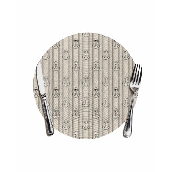 Beige Anchor Nautical Round Placemats for Dinning Tables,Heat-proof Braided Table Mats 13 Inch,Coastal Ocean Blue Striped Washable Place Mat for Kitchen Restaurant Party Decor Supplies Table Setting