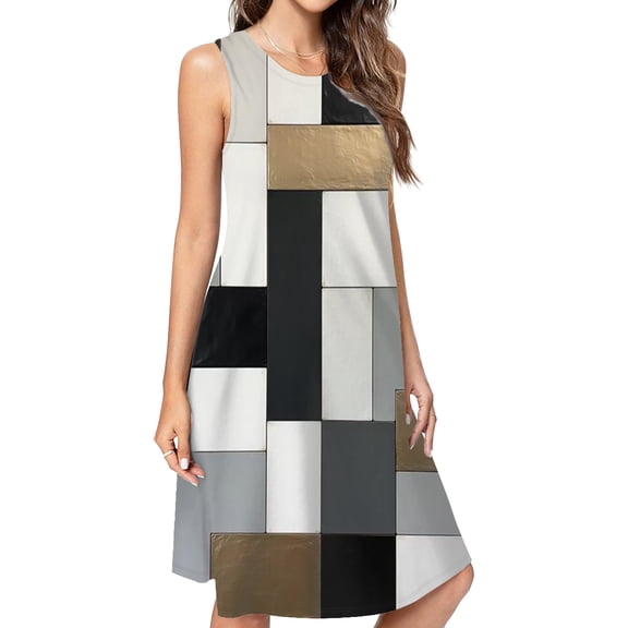 Beige And Black And Golden Squares Spring Summer Dresses For Women Fashion Dress Casual Sleeveless Loose Sundress With Pockets
