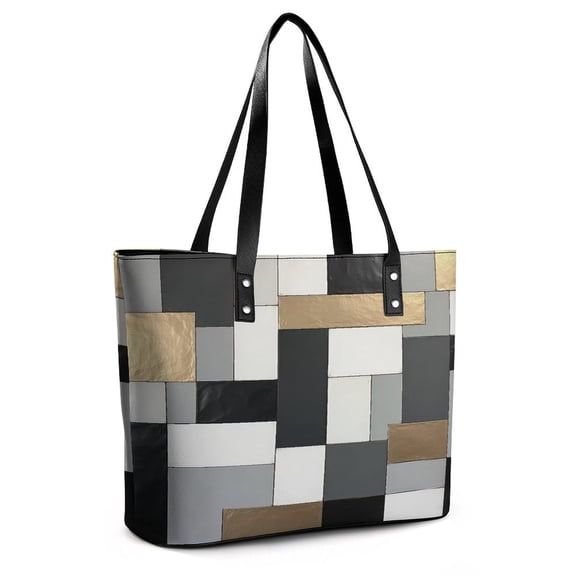 Beige And Black And Golden Squares Woman Leather Handbags Large Tote Bag Fashion Portable Handbags With Zipper