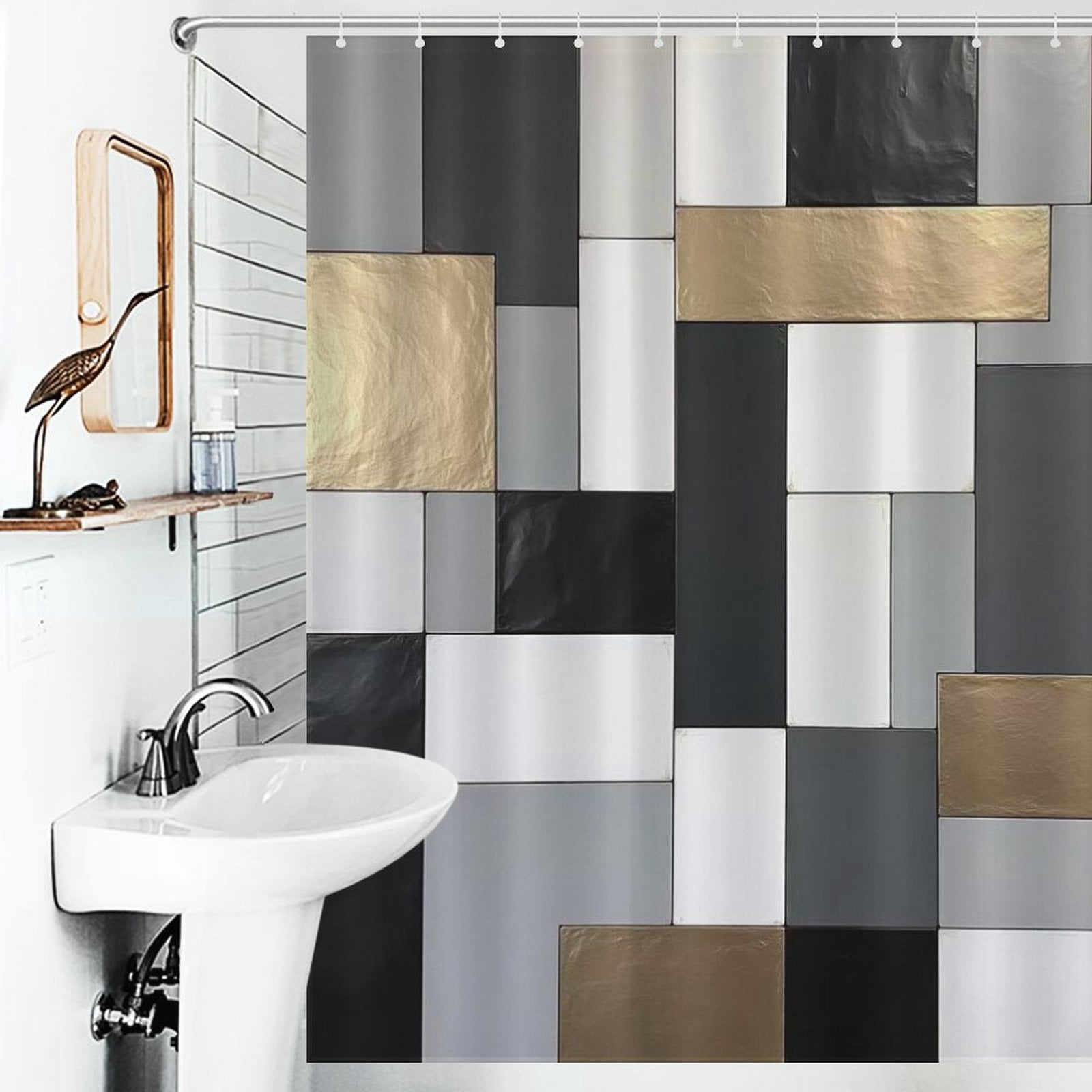 Beige And Black And Golden SquaresWaterproof Shower Curtain For