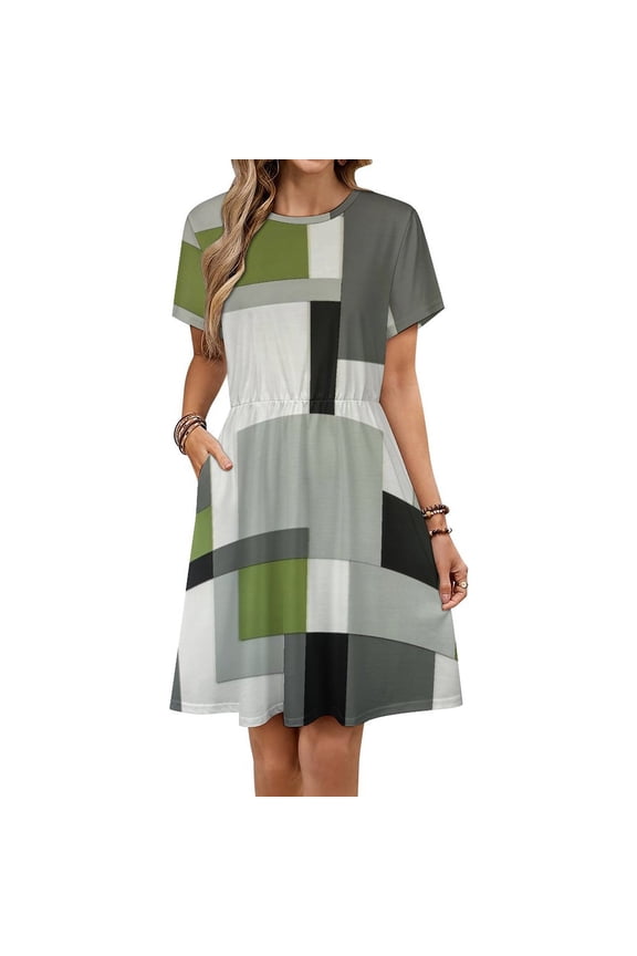 Beige And Black And Green Squares Dress Summer Street Style Dresses Female Short Sleeve Printed Sundress