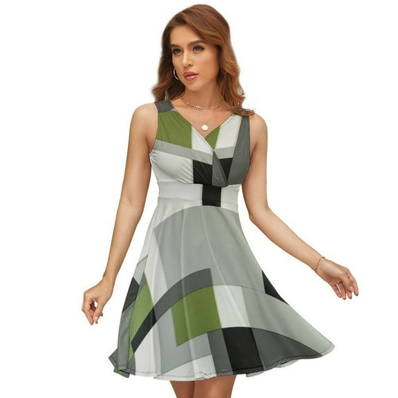Beige And Black And Green Squares Women's Tank Dress V Neck Sleeveless Summer Sundress