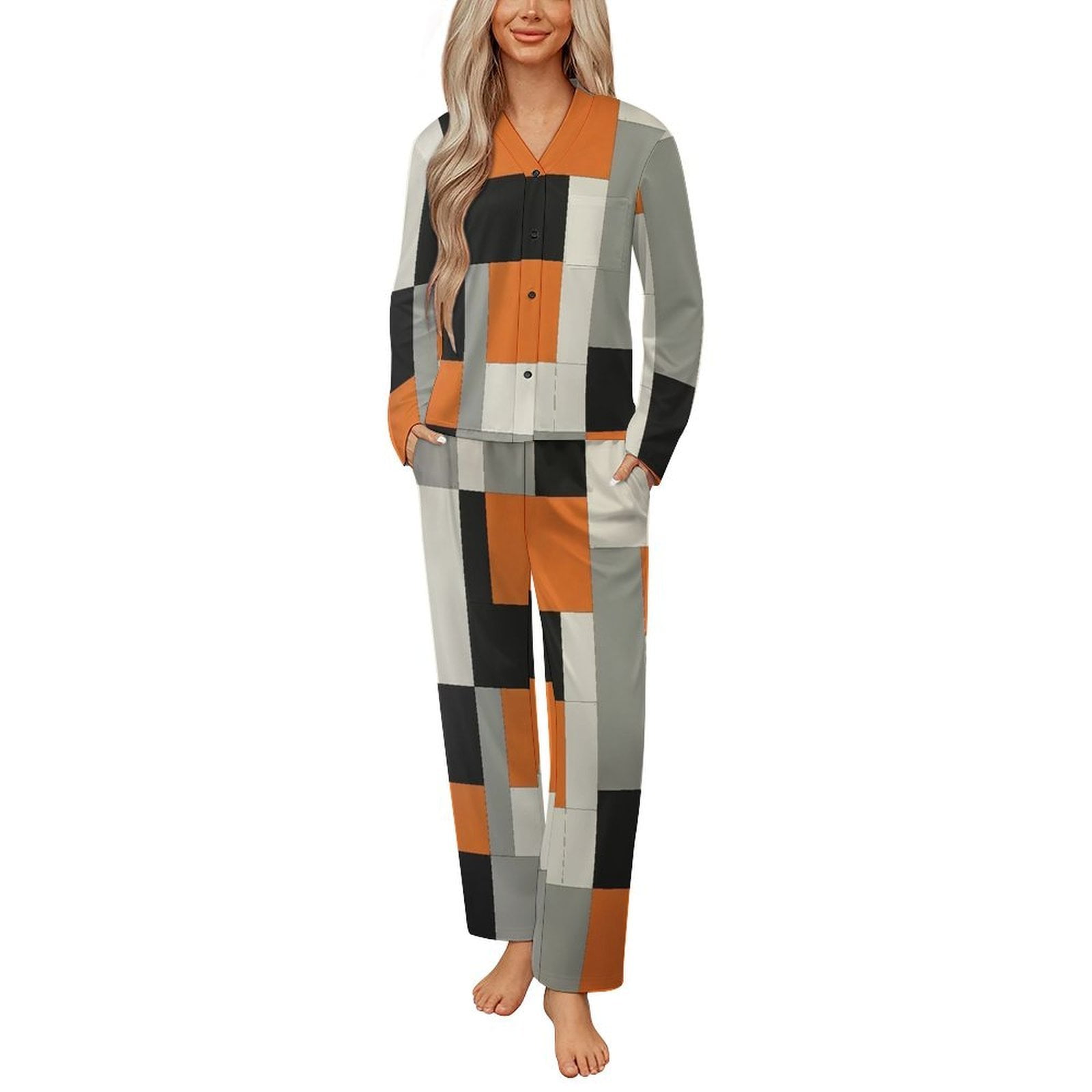 Beige And Black And Orange Squares Womens Pyjamas Set Button Up Pyjamas ...