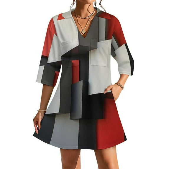 Beige And Black And Red Squares Womens Dress With Pockets Summer V Neck 3/4 Sleeve Dress Plus Size Loose Dress