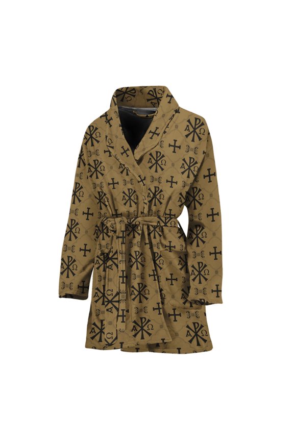 Beige And Black Orthodox Pattern Women Bathrobe One Size Univeral Fits Fashion Lightweight Plush Fleece Long Robe For Women