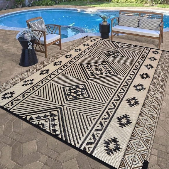 Beige And Black Southwestern Geometric Outdoor Rug 6x9 Ft Reversible Waterproof Patio Deck Mat