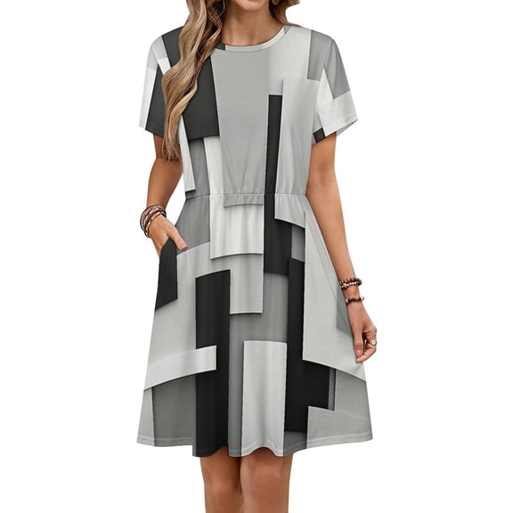 Beige And Black Squares Dress Fashion Beach Short Sleeve Dresses Female Party Printed Sundress