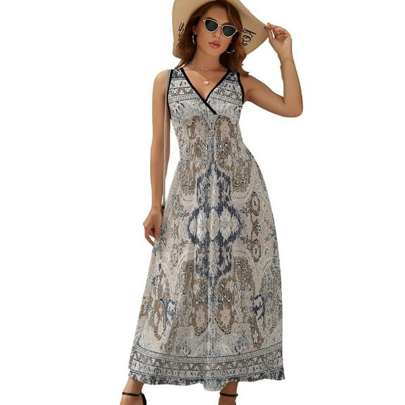 Beige And Blue Dvin Womens Night Club Maxi Dress V Neck Sleeveless Bohemia Long Dresses