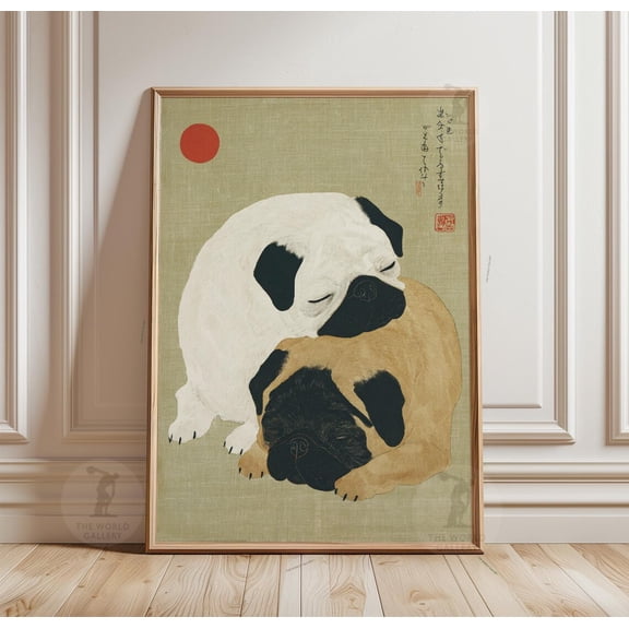 Beige And Fawn Pug Japanese Woodblock Style Red Sun Animal Wall Art, Unframed Poster