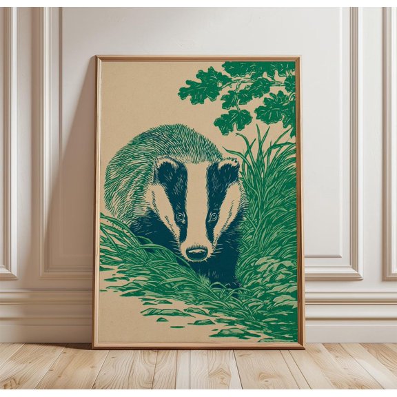 Beige And Green Badger Poster, Woodland Wildlife Line, Rustic Nature Illustration, Nature Inspired Living Room Decor