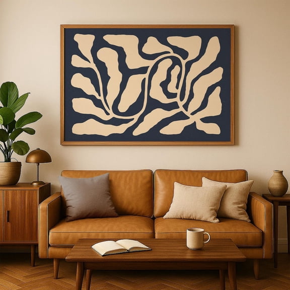 Beige And Navy Blue Abstract Artwork Botanical Midcentury Modern Wall Art Home Decor #3977, Unframed Poster Size 8x12