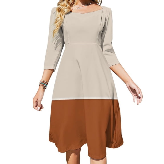 Beige And Terracotta Color Palette Flare Dress Square Neck Dress Elegant Female Fashion Printed Dress