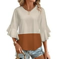 thumbnail image 1 of Beige And Terracotta Color Palette Women's V-Neck Blouse With 3/4 Ruffled Bell Sleeves Casual Top Ladies Blouses, 1 of 7