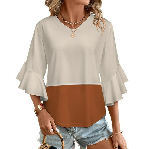 Beige And Terracotta Color Palette Women's V-Neck Blouse With 3/4 Ruffled Bell Sleeves Casual Top Ladies Blouses