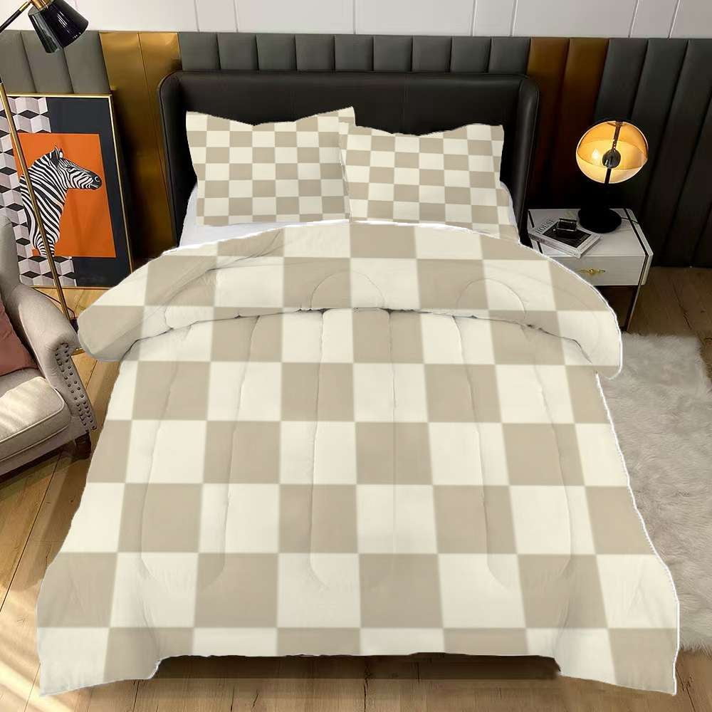 Checked Pattern Comforter Beige And White Checkered Pattern Comforter Set Full Size Bedding Set ...