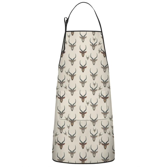 Beige Antelope Head Pattern Apron-Garden Aprons for Women with Pockets-Cotton Linen Waterproof Kitchen Cooking Gardening Aprons Adjustable for Kitchen,Cooking,BBQ and Salon 33x27 Inch