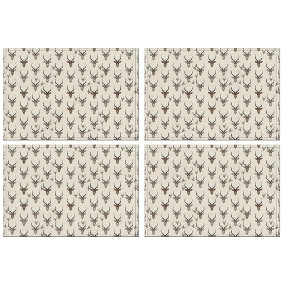 Beige Antelope Head Pattern Summer Placemats Table Placemats Set Of 4-Linen Kitchen Washable Placemats Table Mats 11.8"x17.7" Non-Slip Heat Resistant