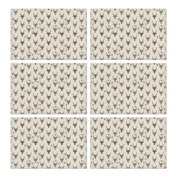 Beige Antelope Head Pattern Summer Placemats Table Placemats Set Of 6-Linen Kitchen Washable Placemats Table Mats 11.8"x17.7" Non-Slip Heat Resistant