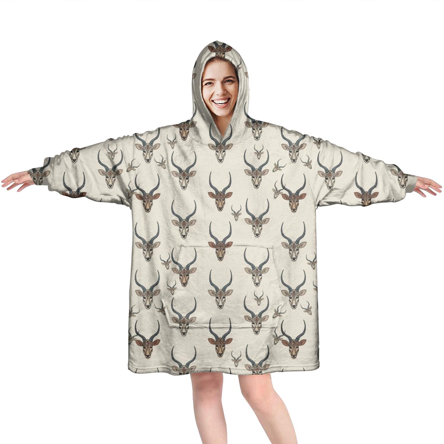 Beige Antelope Head Pattern Wearable Oversized Blanket,Wearable Blanket Hoodie for Adults,Cozy Hooded Blankets with Super Pockets,Super Warm Fuzzy Pullover for Women & Men