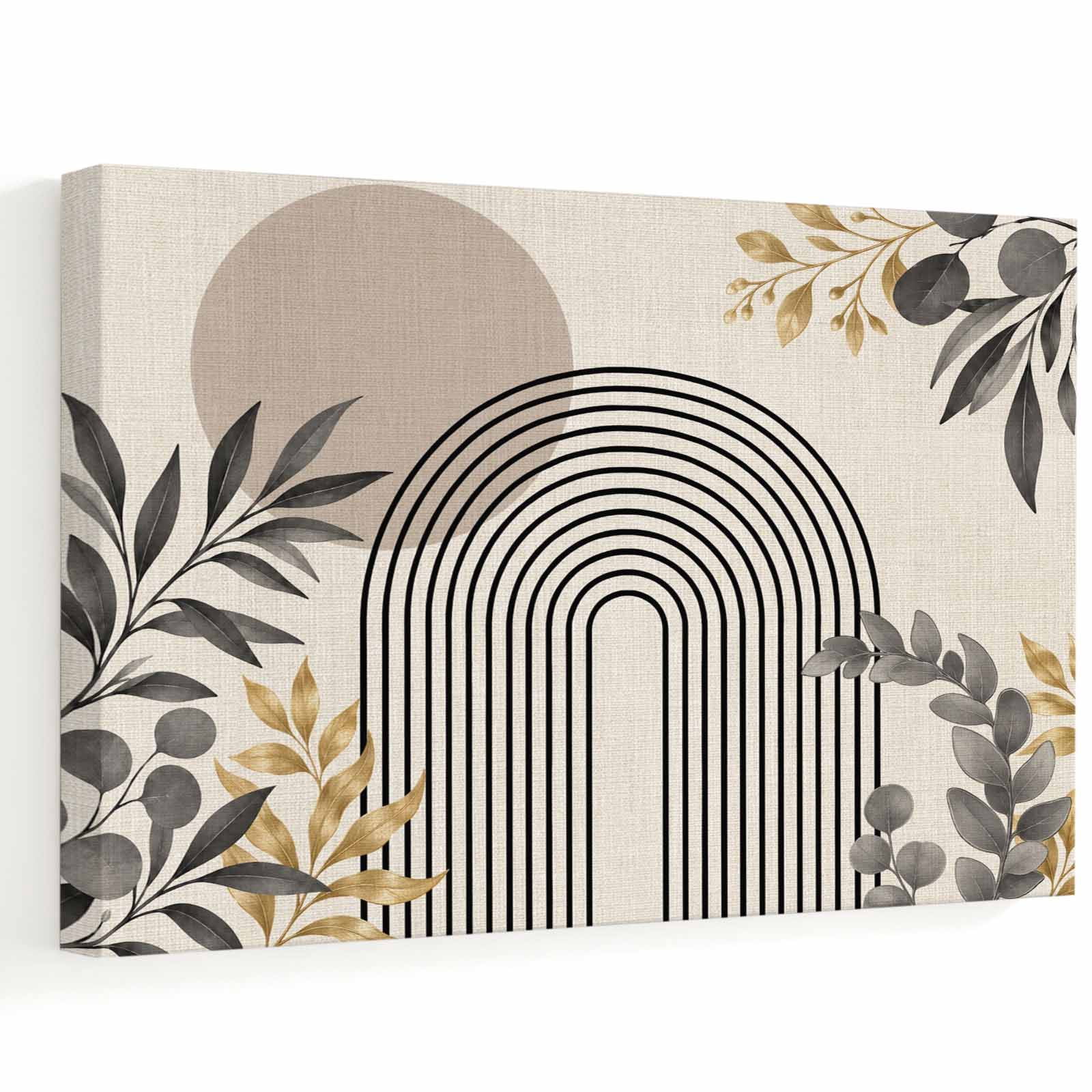 Beige Arches Canvas Wall Art, Vintage Botanical Geometric Gold Leaves ...