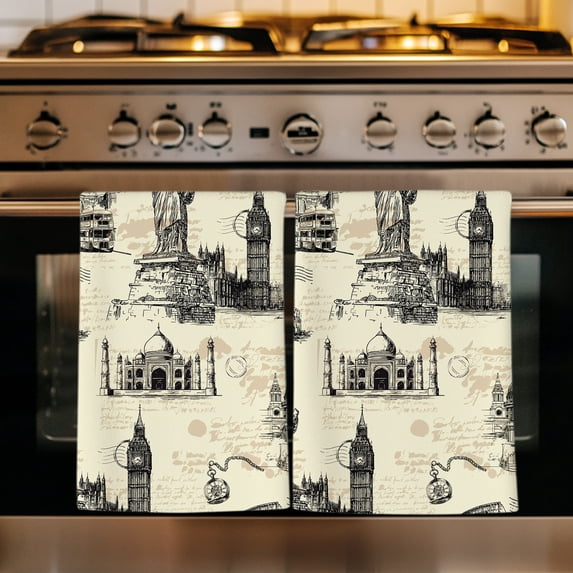 Beige Architecture Kitchen Towels Set of 4, Abstract City Vintage Modern Art Absorbent Dish Towels for Kitchen, Microfiber Hand Towel, Quick Drying Tea Towel for Cleaning Decorative Dishcloths