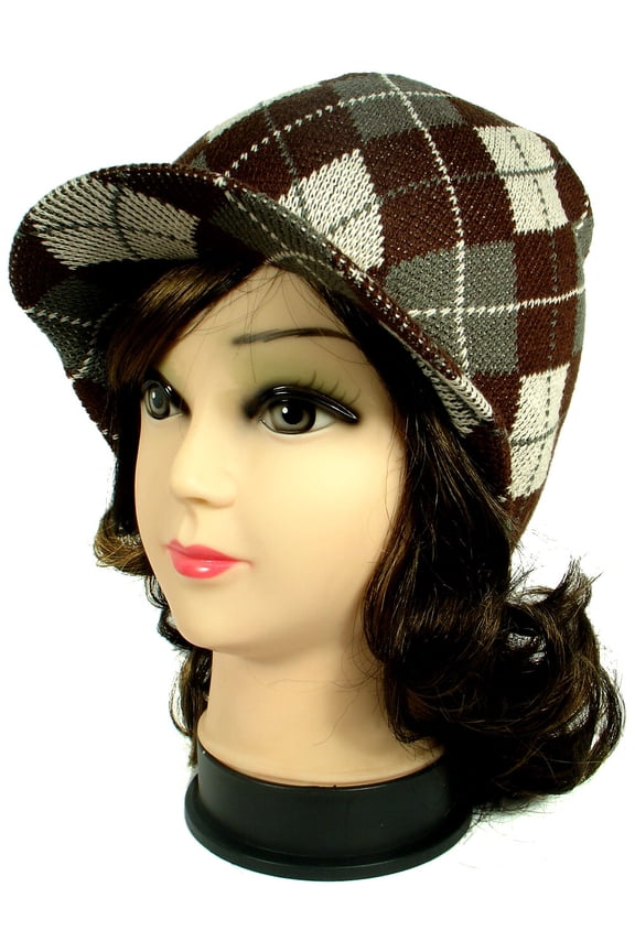 Beige Argyle Design Warm Winter Knit Crochet Braided Baggy Visor Beanie Hat