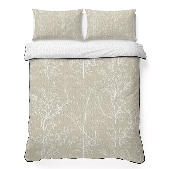 Beige Art California King Quilt Bedding Set, White Tree Branch Botanical Abstract Plant Leaves Lightweight Comforter with 2 Pillow Shams Bedroom Bedspread Set Home Decor for All Seasons