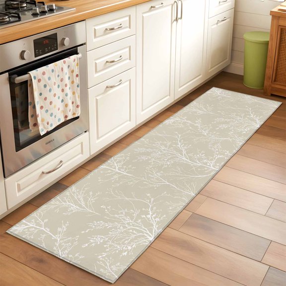 Beige Art Runner Rug for Hallway 2x6ft, White Tree Branch Botanical Abstract Plant Leaves Non Slip Floor Mat Washable Low-Profile Indoor Carpet for Living Room, Bedroom, Dining Room