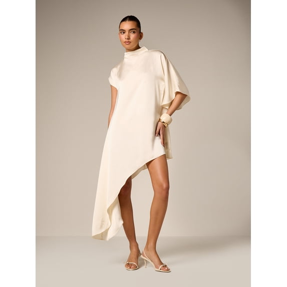 Beige Asymmetrical Drape Mini Dress With High Mock Neck And Short Sleeves Elegant Evening Guest Wear