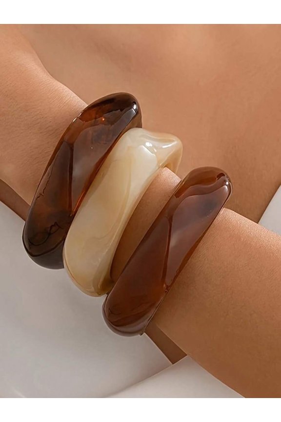 Beige Asymmetrical Semi-Transparent Acrylic Fashion Bangle Set With Unique Organic Shape