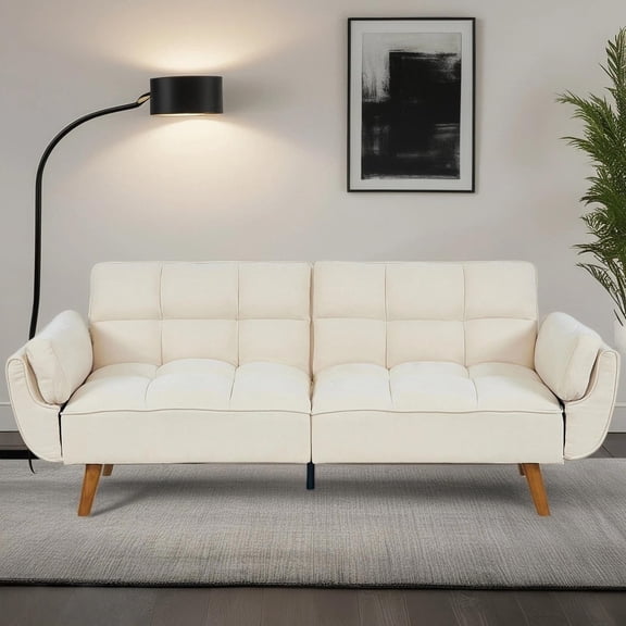 Beige B Convertible Futon Sofa Bed 64 Inch Upholstered Foldable Sleeper With Tufted Backrest Mid-Century Modern Couch For Living Room Bedroom