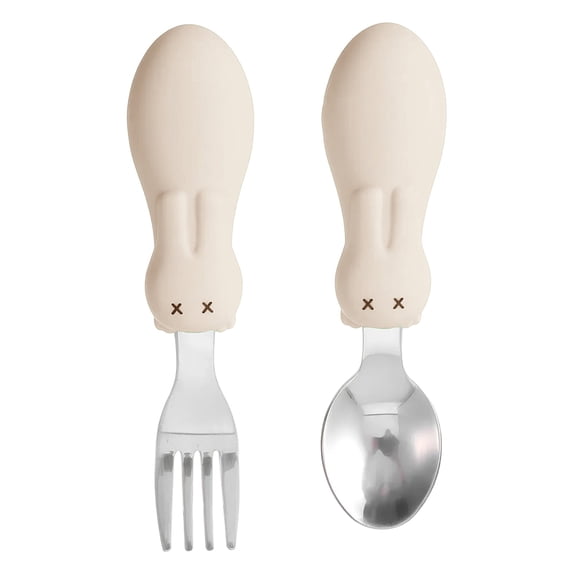Beige Baby Feeding Spoon, Toddler Utensils Fork and Spoon Set, Kids Silverware with Plastic Handle and Stainless Head, Dishwasher Safe, Great for Summer Weaning