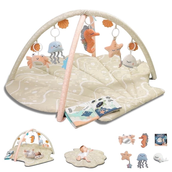 PRVAETU Baby Play Gym Mat, Oversize Tummy Time Activity Mat with 6 Detachable Toys for 3-18 Months Infant Sensory Exploration Skill Development,Beige