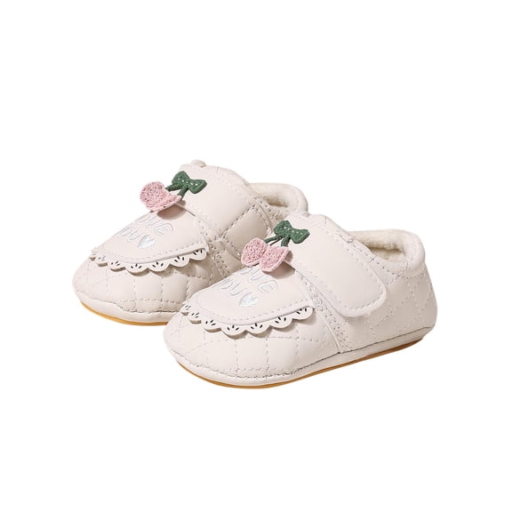 Beige Baby Towel Shoes With Love You Embroidery And Cherry Design, Warm Short Boots For Toddlers Soft Sole