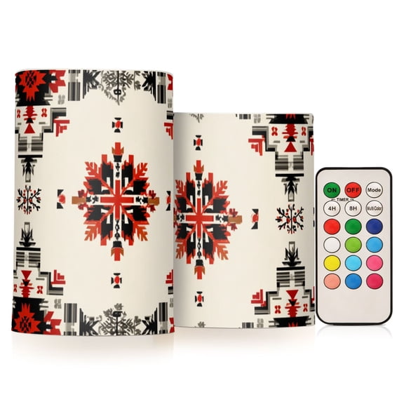 Beige Background with Black Red Geometric Pattern Flickering Flameless Candles LED Tealight Battery Operated with Remote Set of 2 Holiday Decor Ornaments