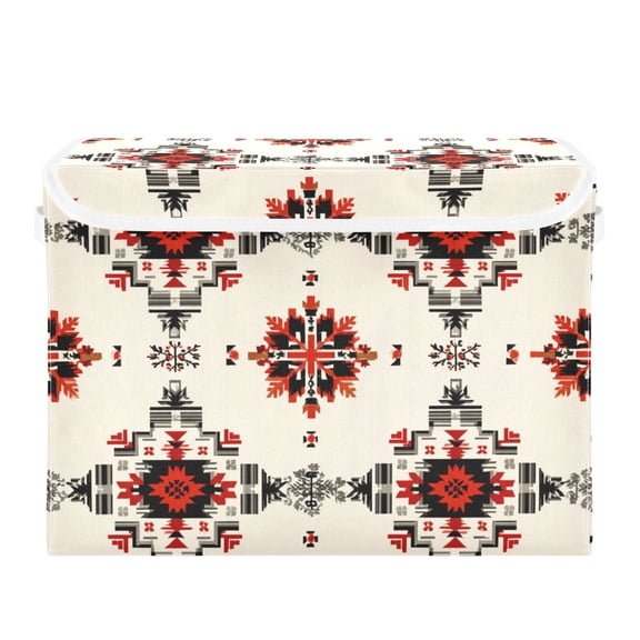 Beige Background with Black Red Geometric Pattern Foldable Storage Bins with Lids Handles Collapsible Storage Containers Tote Boxes 16.5 x 12.6 x 11.8 inches
