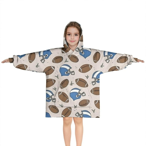 Beige Background Football Helmets Pattern Blanket Hoodies for Kids 6-13YR Oversize Wearable Blanket Hoodies for Boys Girls Teens