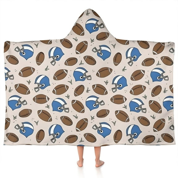 Beige Background Football Helmets Pattern Hooded Bath Towel，50"x30" for Ages 3 To 12 Kids, Quick Dry Lightweight Soft Microfiber Hood Beach Towel Cover Up for Kids
