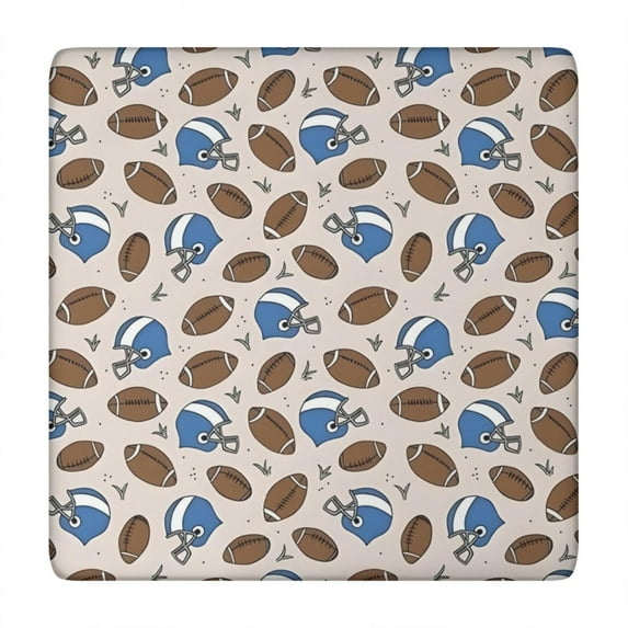 Beige Background Football Helmets Pattern Square Fitted Tablecloth with Elastic Edge,Square Table Cover,Washable Elastic Table Cover for Home Kitchen Party Decor 34"x34"