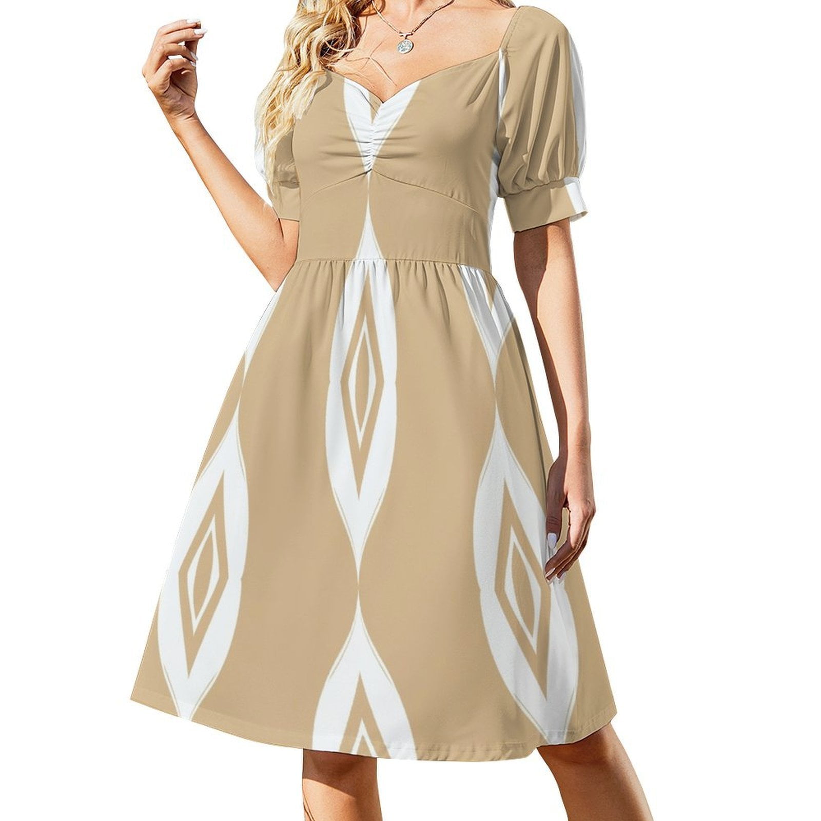 Beige Background White Abstract Pattern Short Sleeve Dress Clothes — free download