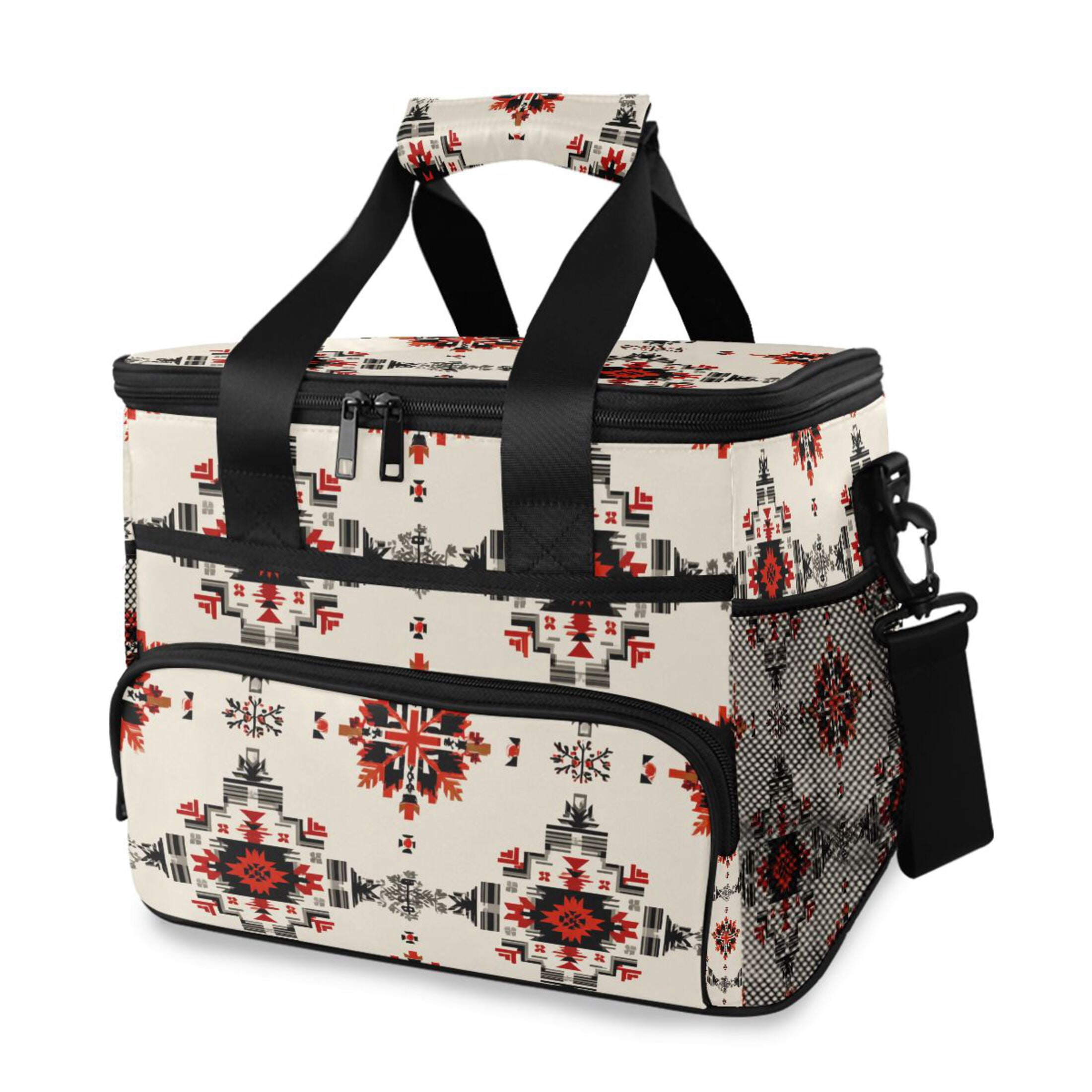 Beige Background with Black Red Geometric Pattern Portable Cooler Lunch ...
