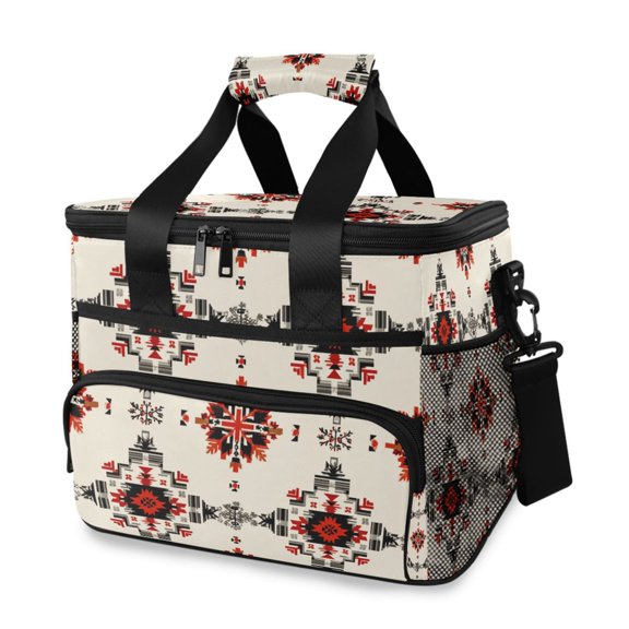 Beige Background with Black Red Geometric Pattern Portable Cooler Lunch Box Reusable Insulated Lunch Bag Leakproof 15L