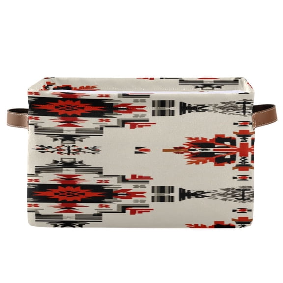 Beige Background with Black Red Geometric Pattern Square Storage Bins with Handles Collapsible Containing Box 1 Pack