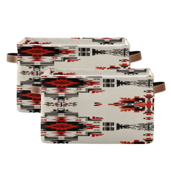 Beige Background with Black Red Geometric Pattern Square Storage Bins with Handles Collapsible Containing Box 2 Packs
