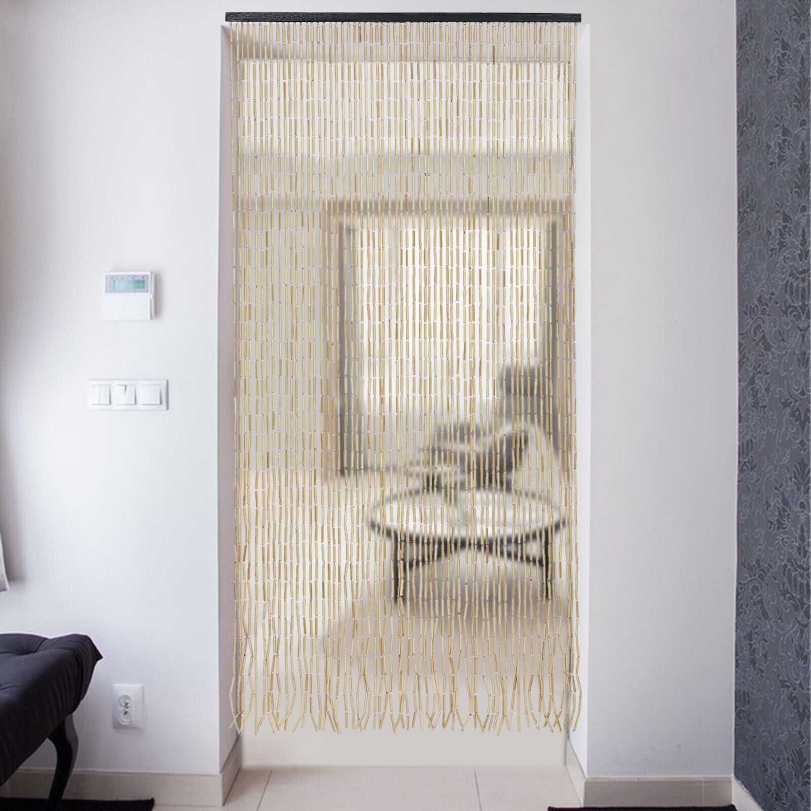 Beige Bamboo Beaded Curtain Wood Large Retro Beads Door Curtain 60 Strands for 3-3.28ft