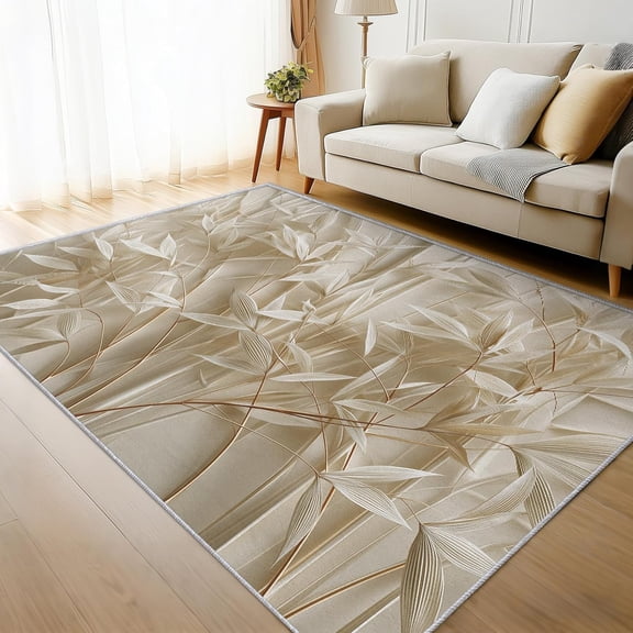Beige Bamboo Leaf Area Rug, Botanical 3D Plant Leaves Indoor Carpet, Washable Non Slip Low Pile Soft Thin Rug for Living Room Bedroom Home Decor Mat 3x5ft