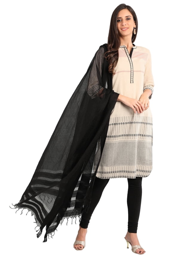 Beige Band Collar Yarn-dyed Kurta-Small