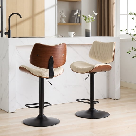 Beige Bar Stools Set of 2 | Adjustable for Kitchen Counter | Faux Leather and Walnut Bentwood | Stable Base for Safety
